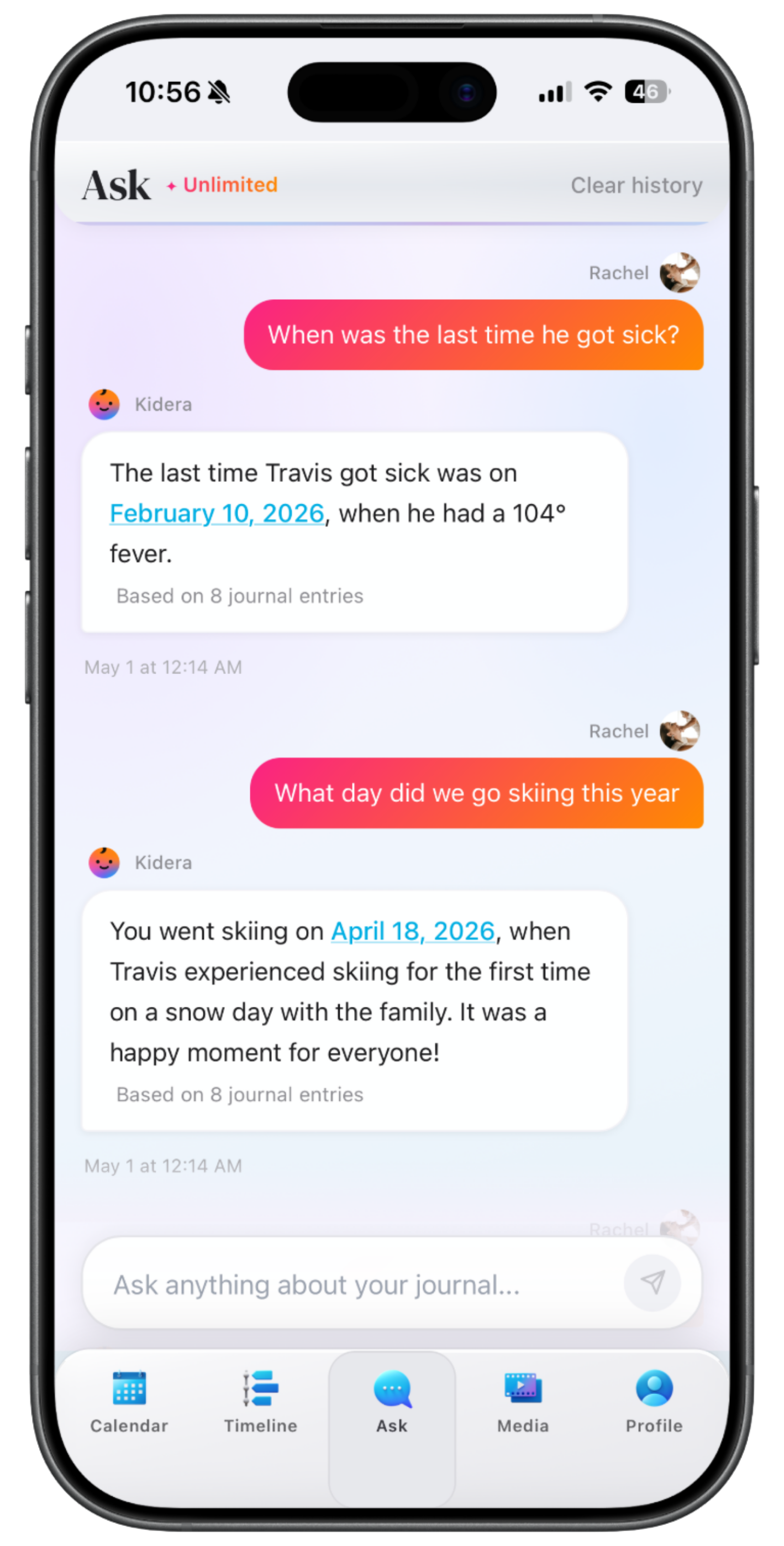 Kidera Ask on iPhone: questions about when Travis was last sick and which day the family went skiing, with journal-backed answers and dates highlighted.