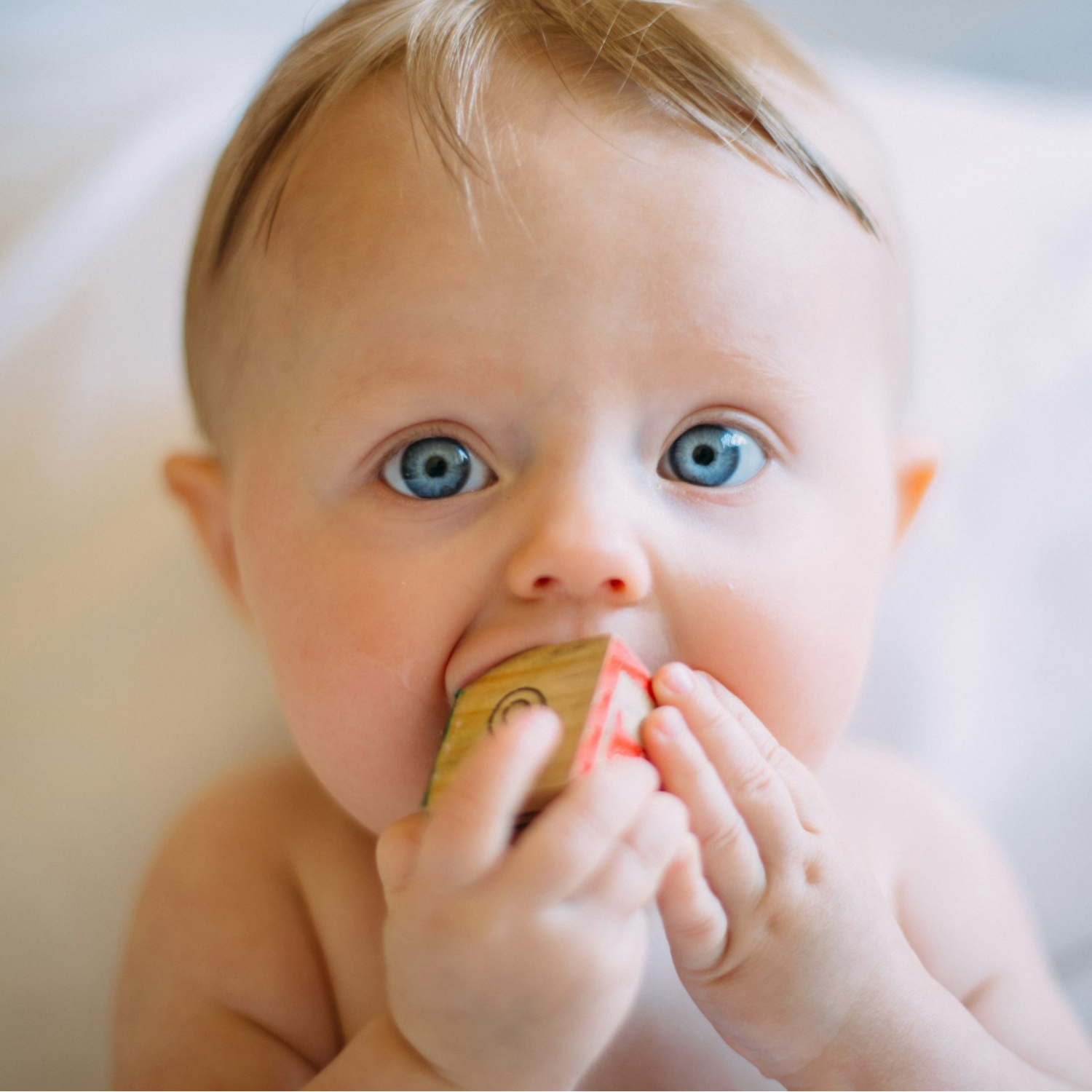 Baby chewing a wooden block