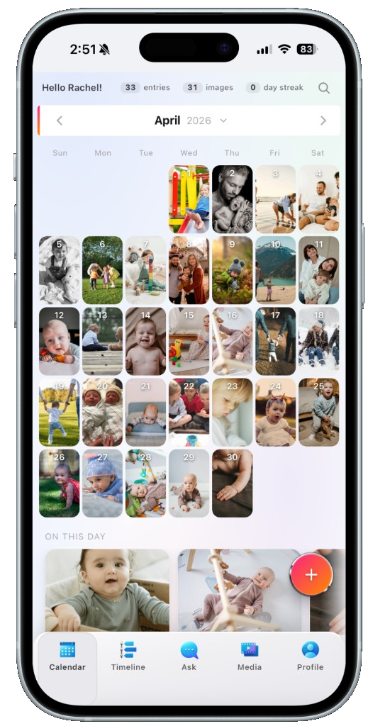 Kidera Calendar on iPhone: Hello Rachel, April 2026 photo grid by day, on-this-day strip, and tab bar.