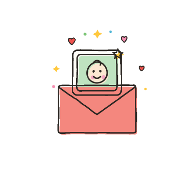 Weekly summary envelope with baby photo and hearts