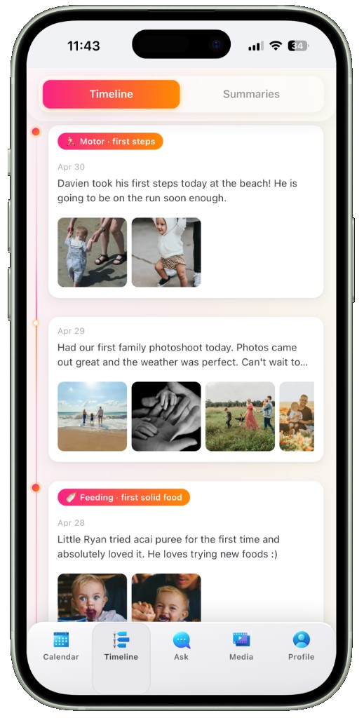 Kidera Timeline on iPhone: family milestones and memories organized by date in one shared journal.